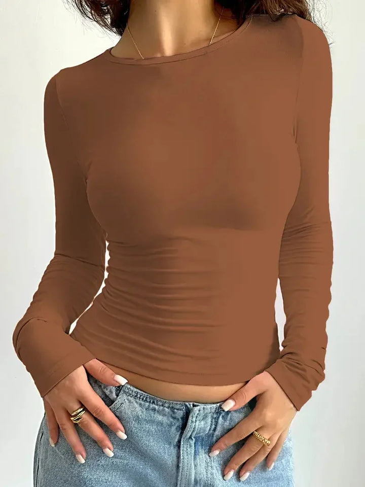 Versatile women's ruched long sleeve top, crew neck, slim fit. Great for casual & elegant outfits.