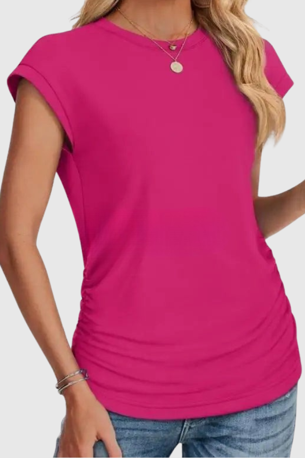 Comfortable women's ruched side tunic top with a relaxed fit, ideal for everyday summer fashion.