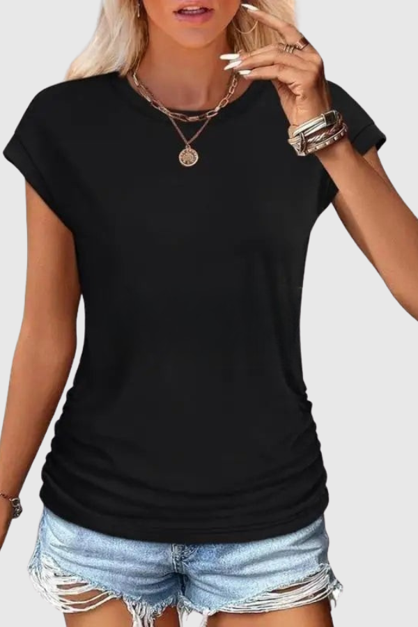 Summer fashion women's tunic top with ruched sides & ruffle sleeves for stylish comfort.