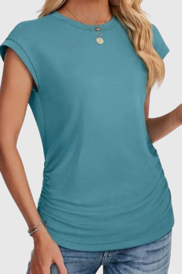 Women's stylish ruched side tunic top, perfect for casual wear and warm weather fashion.