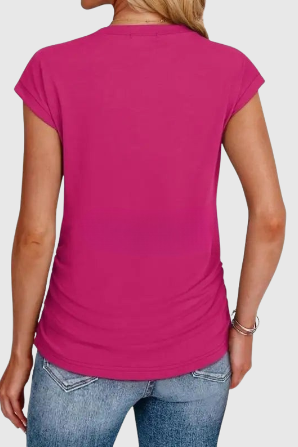 Women's casual ruffle sleeve tunic blouse, featuring stylish ruched side detailing.