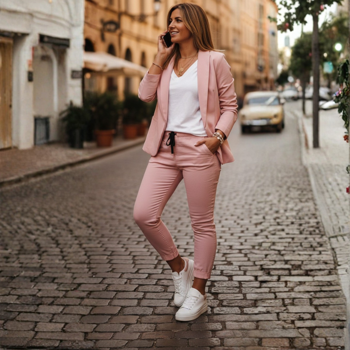 Women's ruched sleeve blazer & jogger set in a stylish neutral tone, perfect for smart casual or work from home.