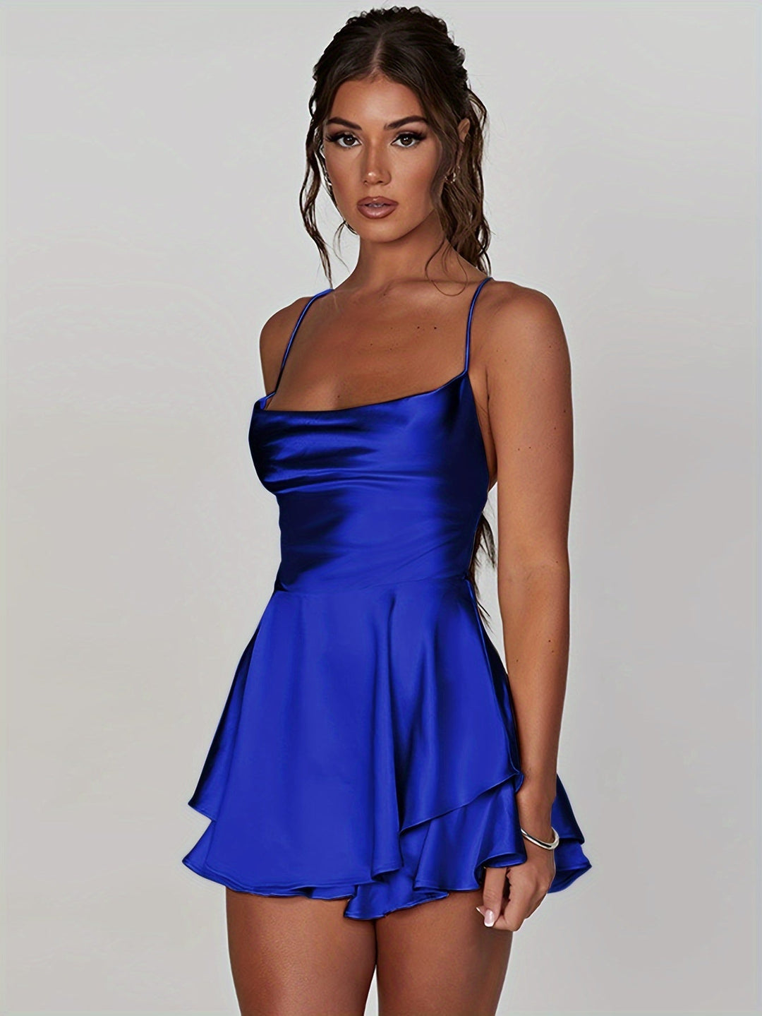 Flattering ruched tiered mini dress for women, homecoming style. A perfect party outfit.