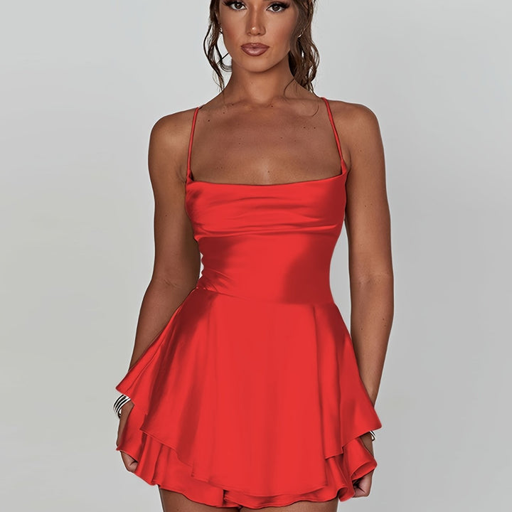 Trendy ruched mini dress, tiered skirt, perfect for women's parties. Elegant & chic.