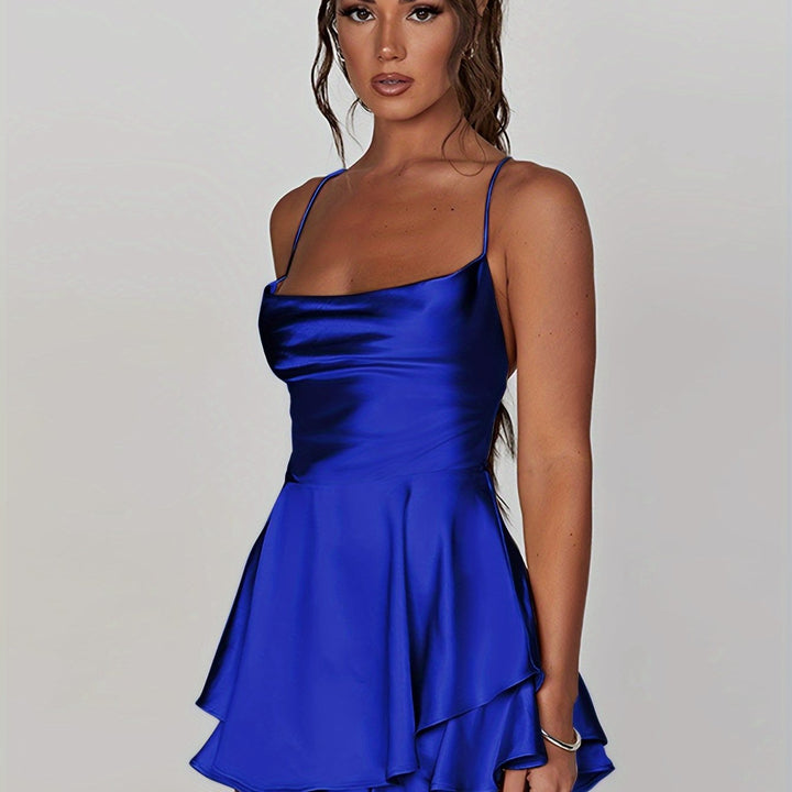 Women's homecoming mini dress, featuring a ruched bodice & tiered skirt. Party-ready style.