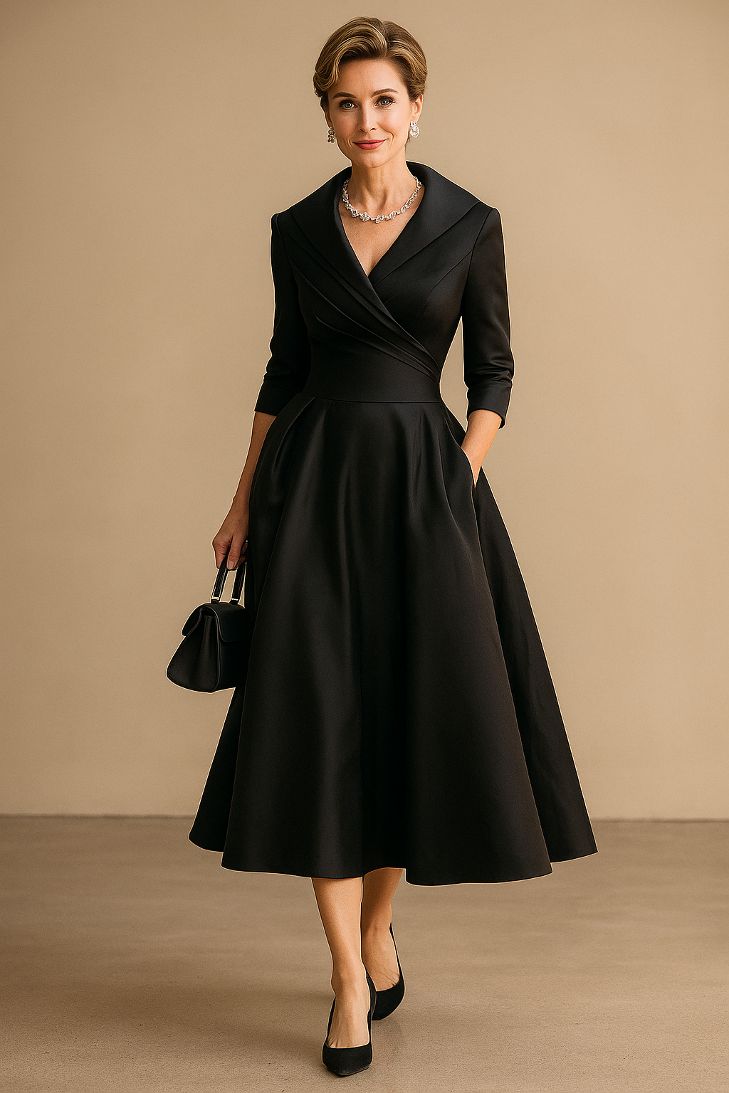 Women's ruched wrap collar A-line midi dress, perfect for wedding guests. Elegant and flattering formal attire.