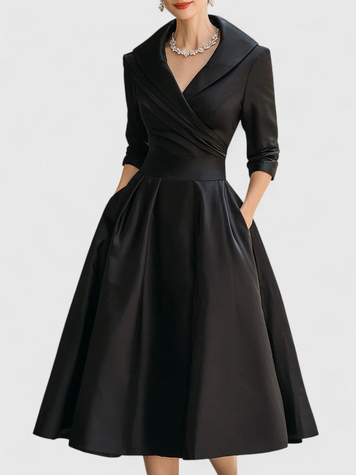 Elegant A-line midi dress with ruched wrap collar for women. Ideal sophisticated party or evening wear.