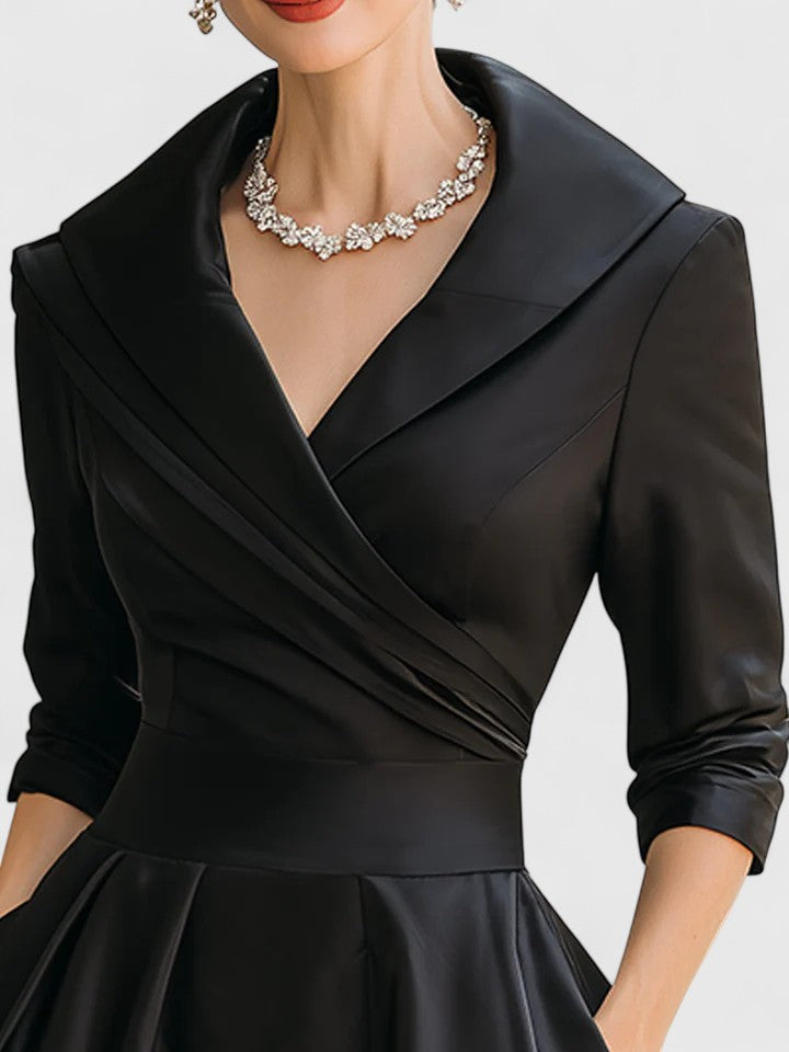 Modest women's A-line midi dress featuring a stylish ruched wrap collar. Sophisticated wedding guest attire.