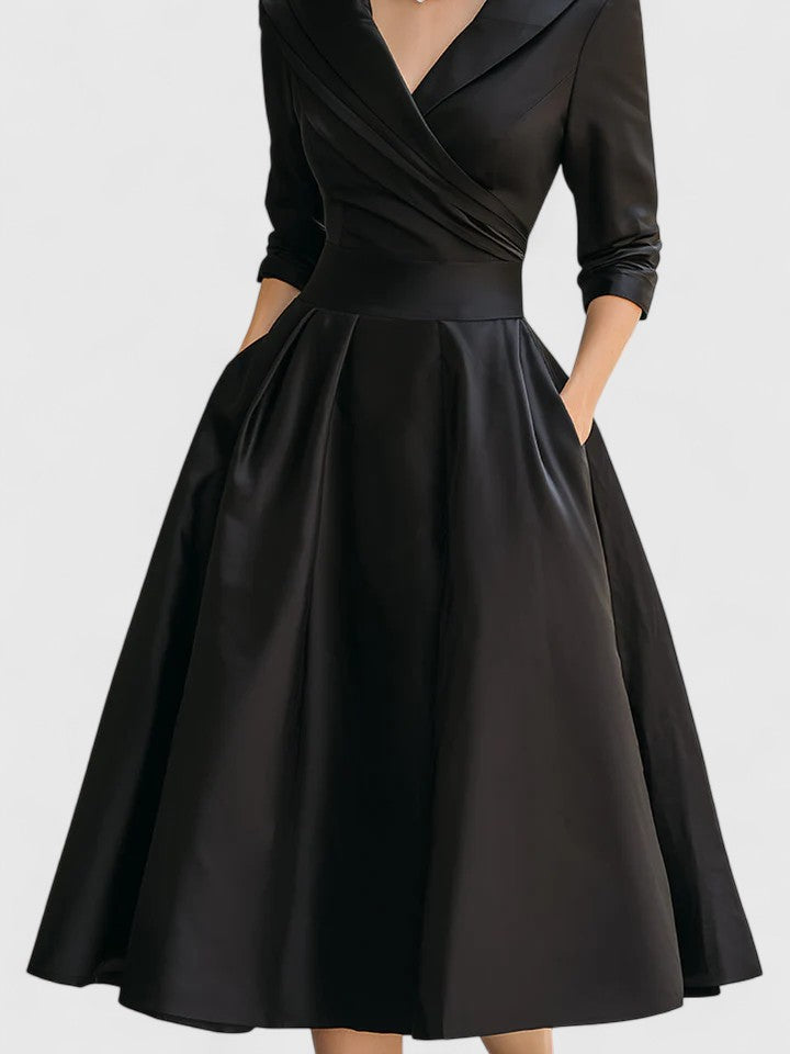 Flattering A-line midi dress with a ruched wrap collar for women. Elegant formal wear for special events.