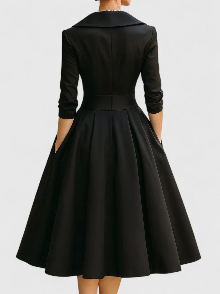 Chic women's midi dress, A-line cut with ruched wrap collar. Perfect for formal occasions & evening wear.
