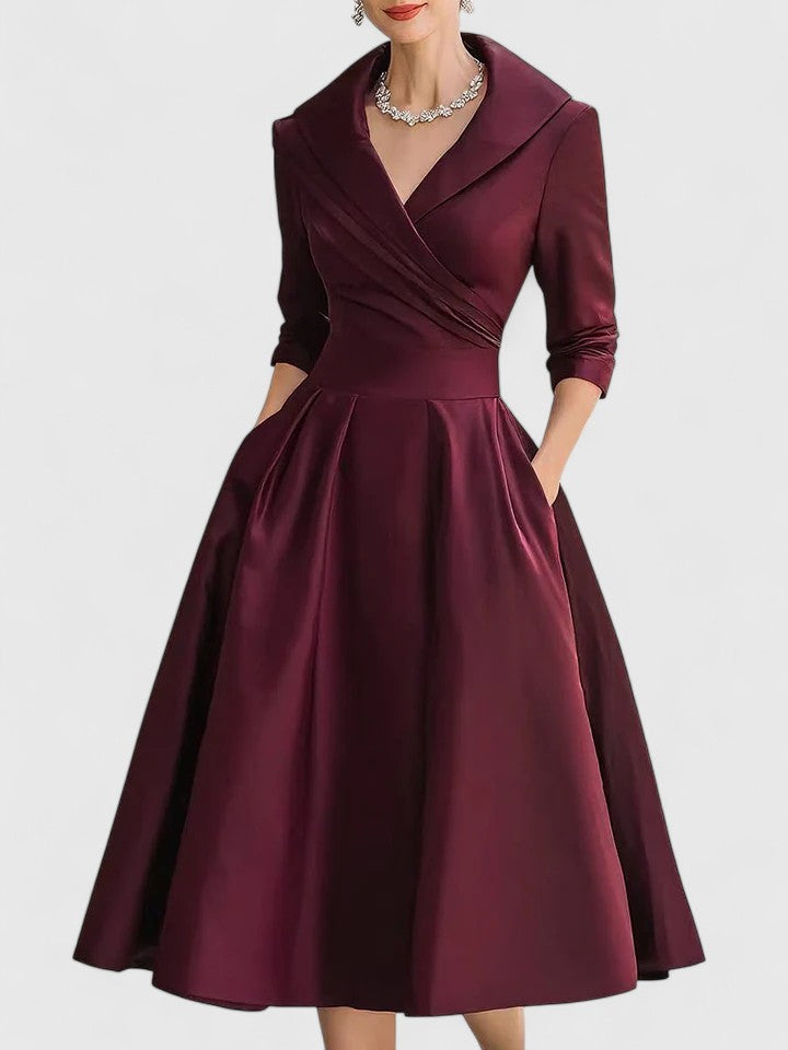 Fashionable women's A-line midi dress with elegant ruched wrap collar. Ideal for formal evening events.