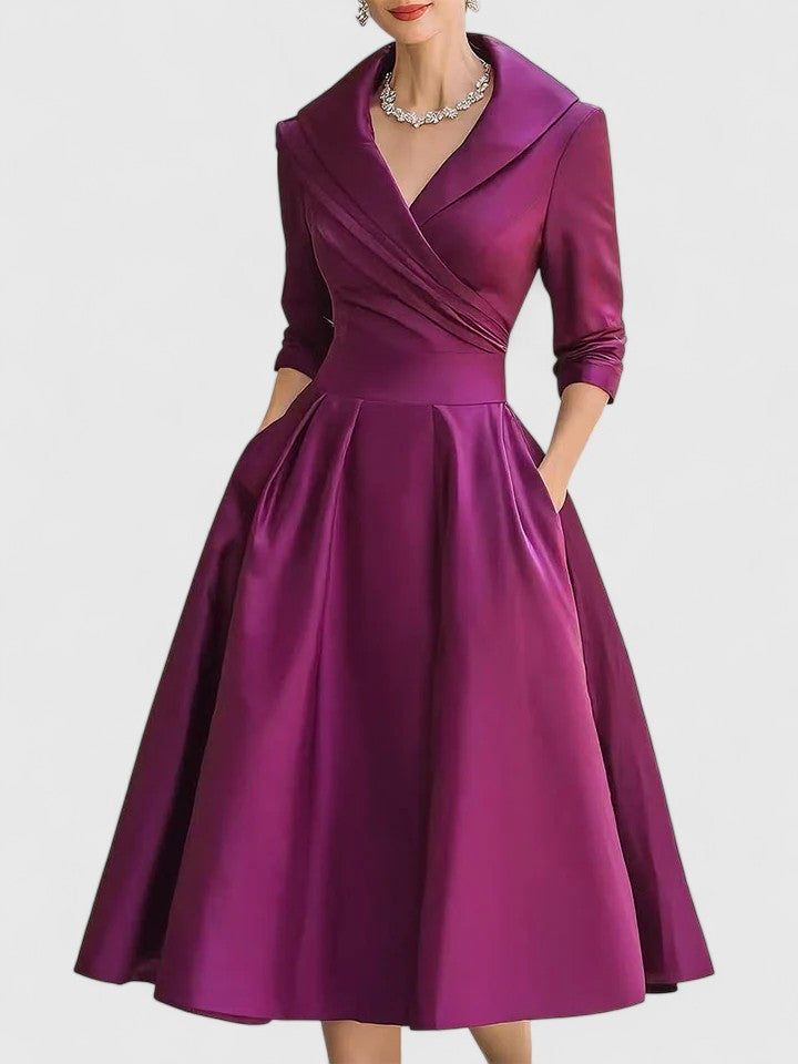 Beautiful women's formal midi dress with a ruched wrap collar and flattering A-line silhouette. Wedding guest ready.