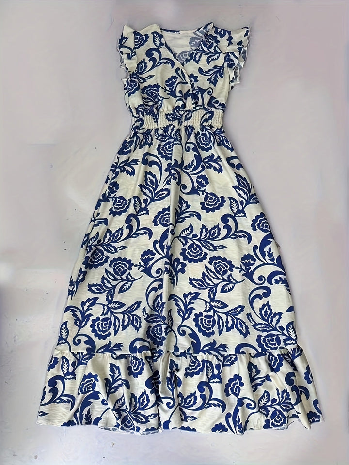 Flattering V-neck & smocked waist on a flowy Ruffle Cap Sleeve Maxi Dress, for women's fashion.