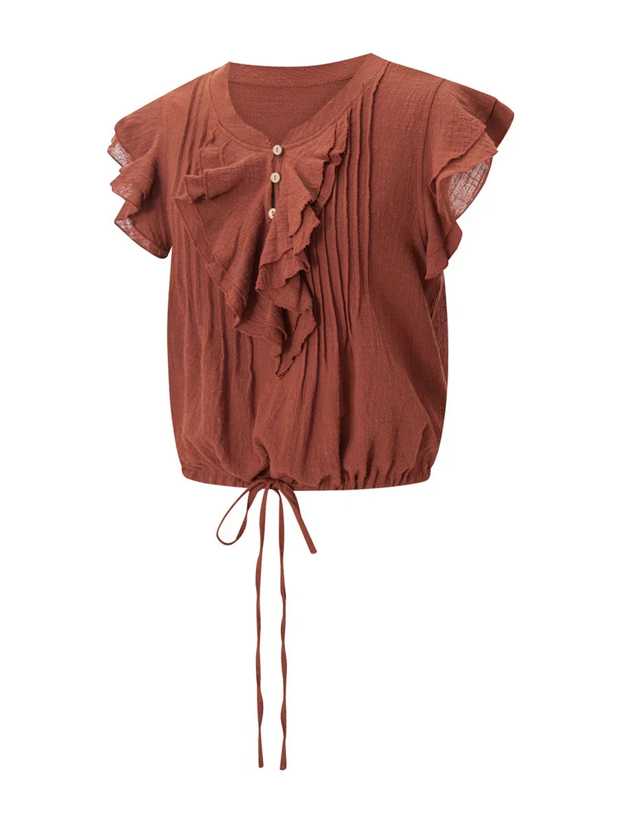 Airy women's crop top with charming ruffle front, great for summer beach & casual wear.