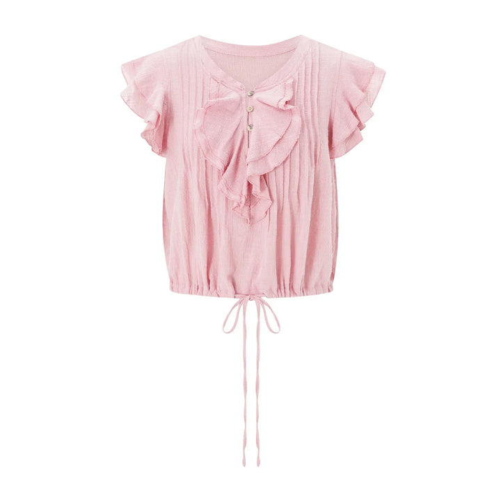 Versatile women's ruffle front crop top, airy for beach, vacation & casual summer.