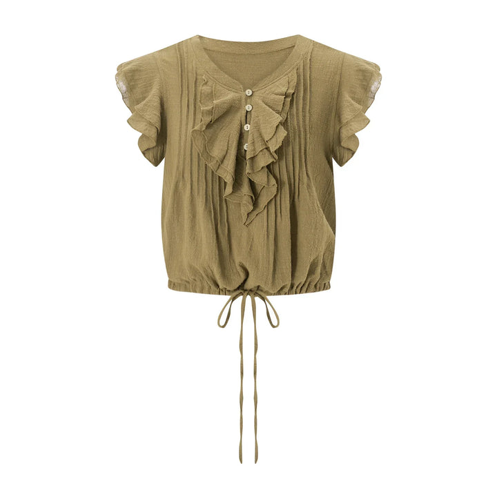 Women's airy ruffle front cropped top, perfect for a chic beach or summer vacation style.