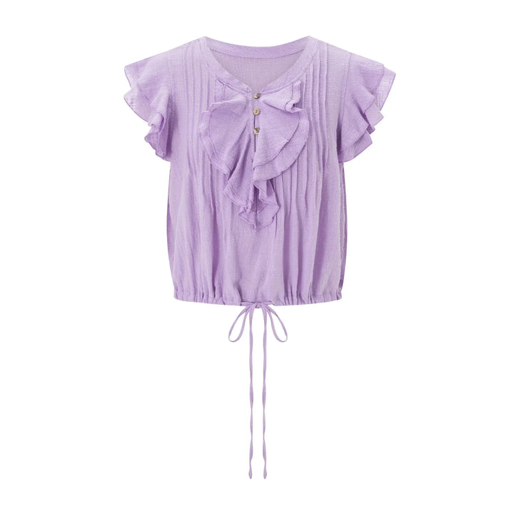 Stylish women's airy ruffle crop top for beach, summer, and vacation fashion.