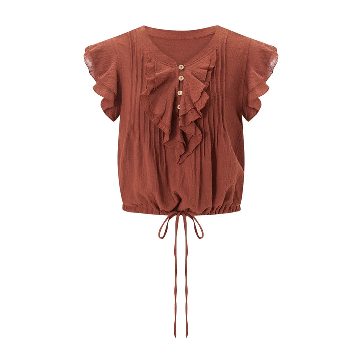 Women's ruffle front crop top with an airy beach-inspired summer design.