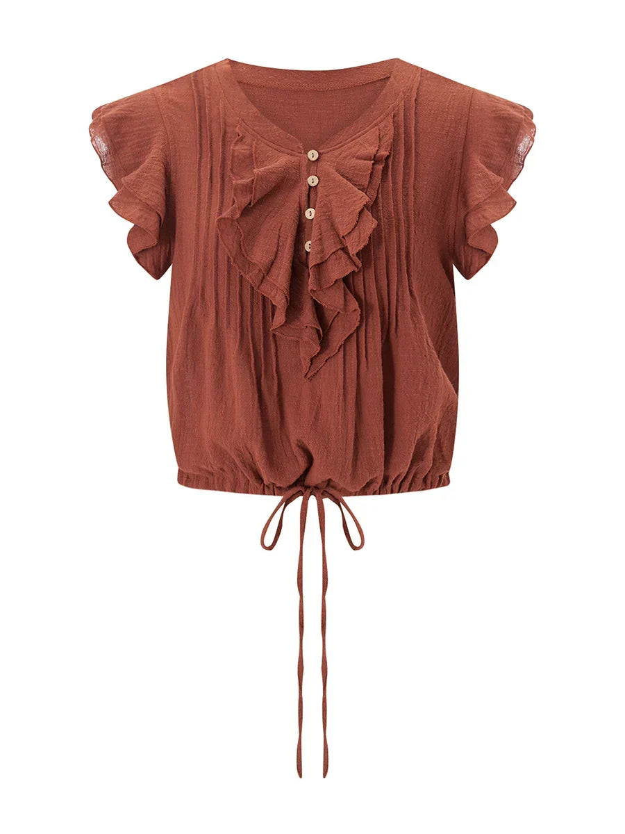 Chic women's ruffle crop top, featuring an airy design for summer beachwear.