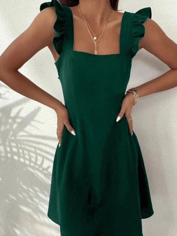 Feminine A-line mini dress for women, boasting ruffle straps, square neck, & a stylish bow detail on the back.