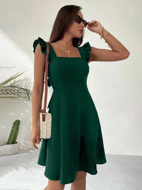 Chic women's party mini dress: A-line cut, square neck, elegant ruffle straps & a lovely bow-back design.
