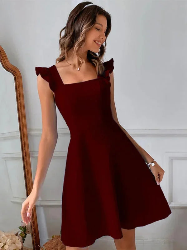Stylish women's summer dress: Ruffle strap A-line mini with a classic square neck & adorable bow back.