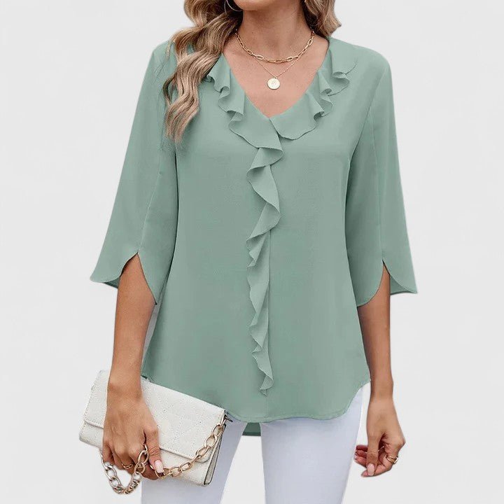 Women's ruffle V-neck blouse with split sleeves, perfect for elegant casual or office fashion.