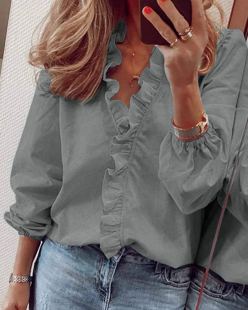 Pair this women's ruffle v-neck long sleeve blouse with jeans or skirts for a chic, elegant look.