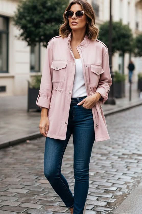 Women's rugged utility jacket with stylish open back detail, perfect for casual outerwear & street style fashion.
