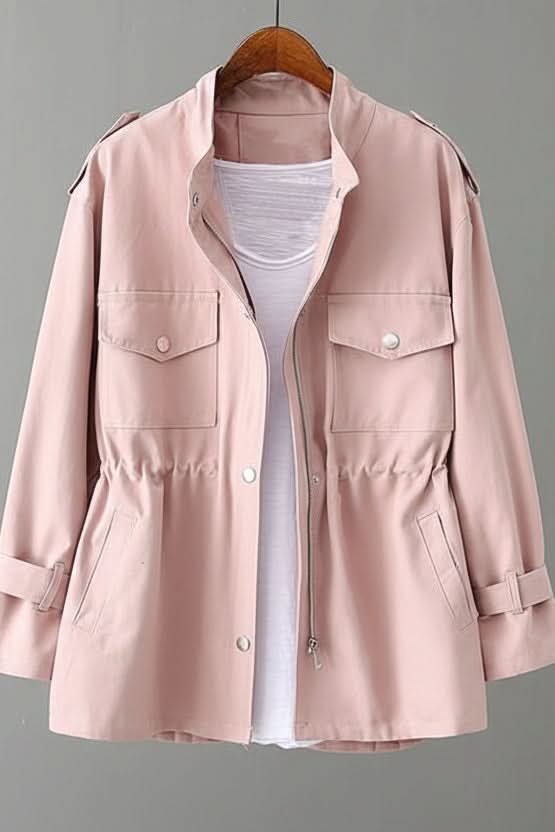Modern women's rugged utility jacket, versatile for casual wear. Features a unique open back design.