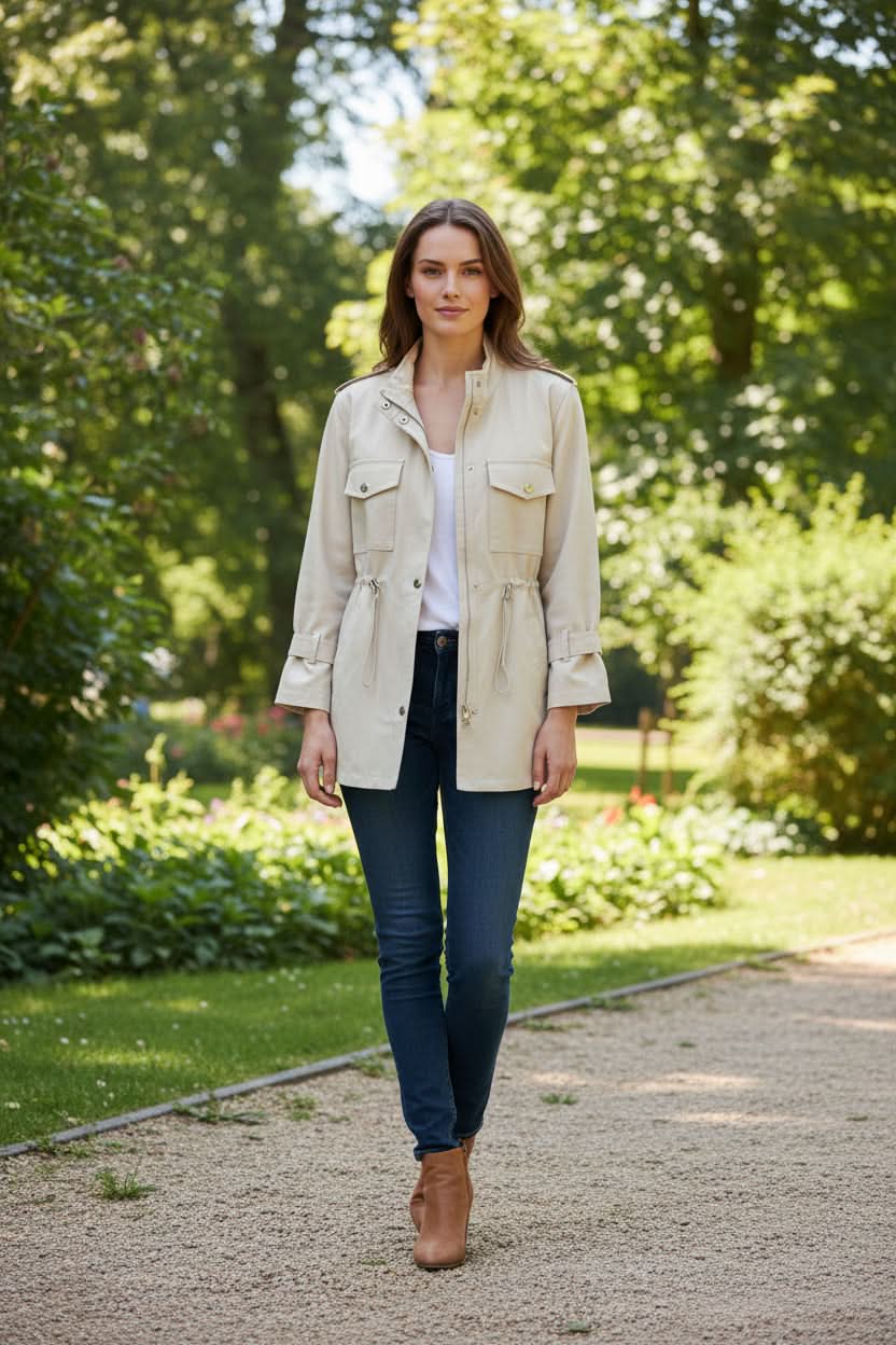 Fashion-forward women's rugged utility jacket. Unique open back detail adds a stylish edge to casual outerwear.