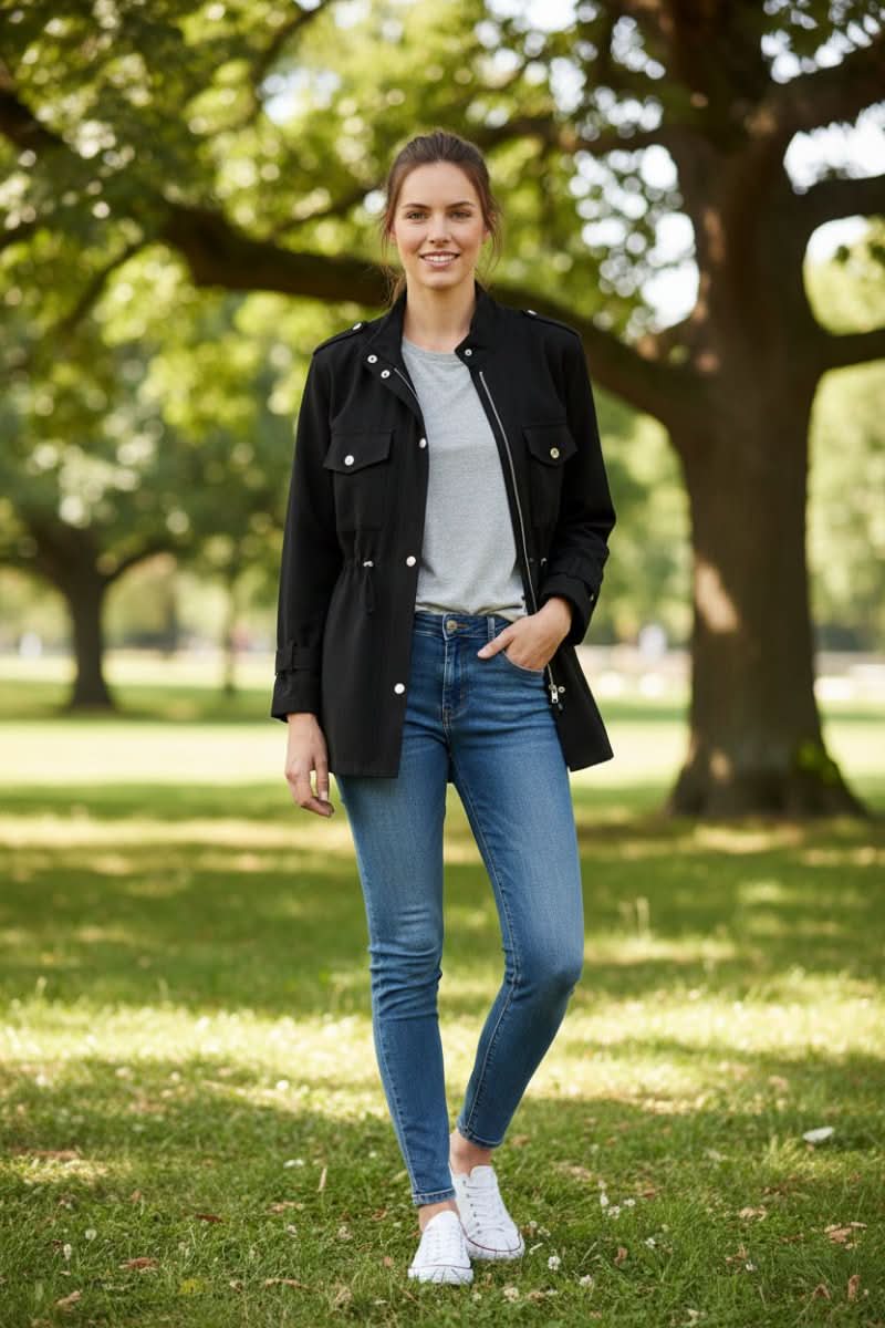 Rugged women's utility jacket for versatile outerwear. Features a trendy open back design for modern street style.