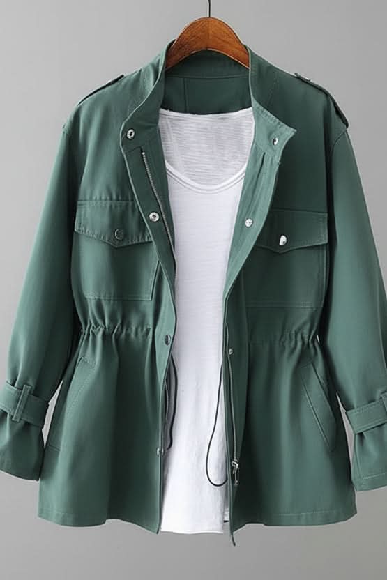 Rugged women's open back utility jacket, perfect for versatile casual outerwear & modern street style fashion.