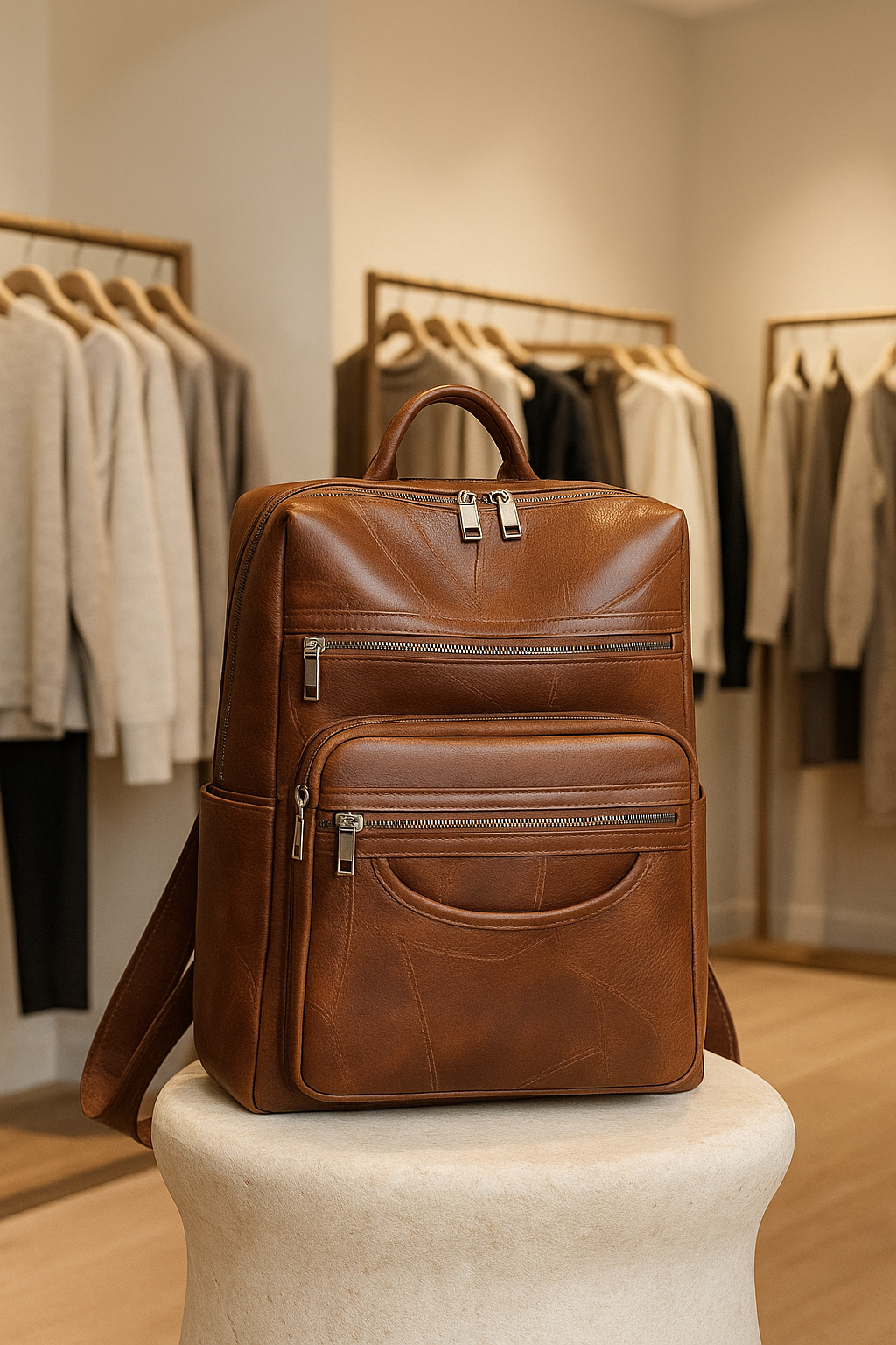 Women's Sade elegant brown leather backpack, perfect for stylish everyday carry & essentials. Premium chic accessory.