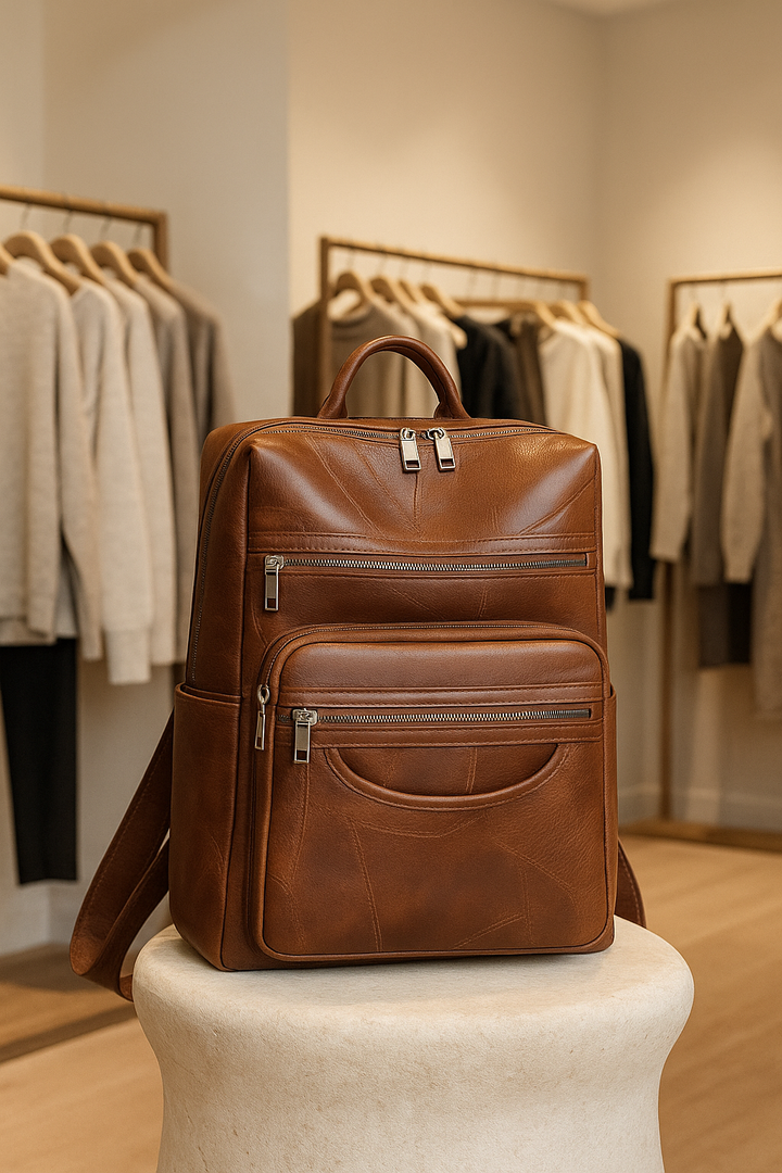 Women's Sade elegant brown leather backpack, perfect for stylish everyday carry & essentials. Premium chic accessory.