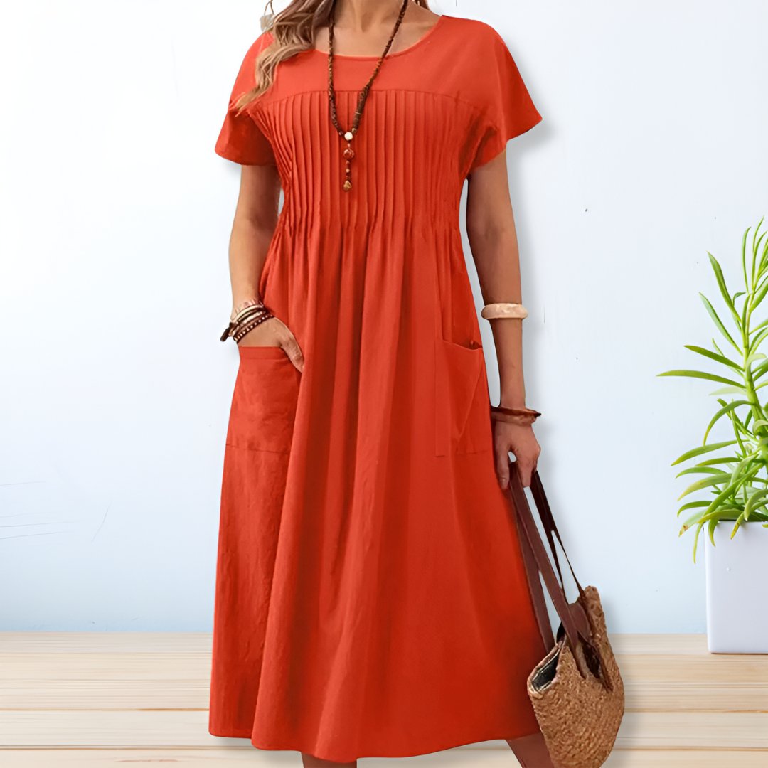 Women's Savannah relaxed fit midi day dress with short sleeves. Comfortable, versatile for casual spring & summer everyday wear.