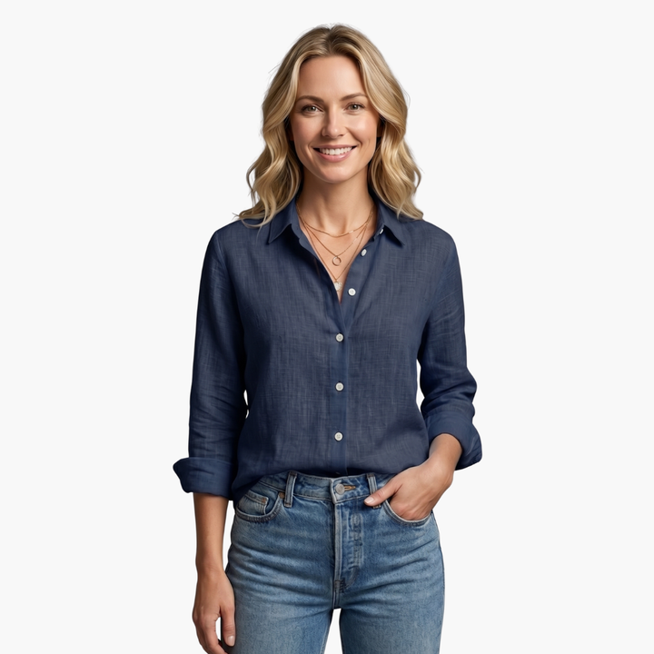 Stylish women's relaxed fit shirt. Scallop collar and roll-tab sleeves make this a versatile button-down.