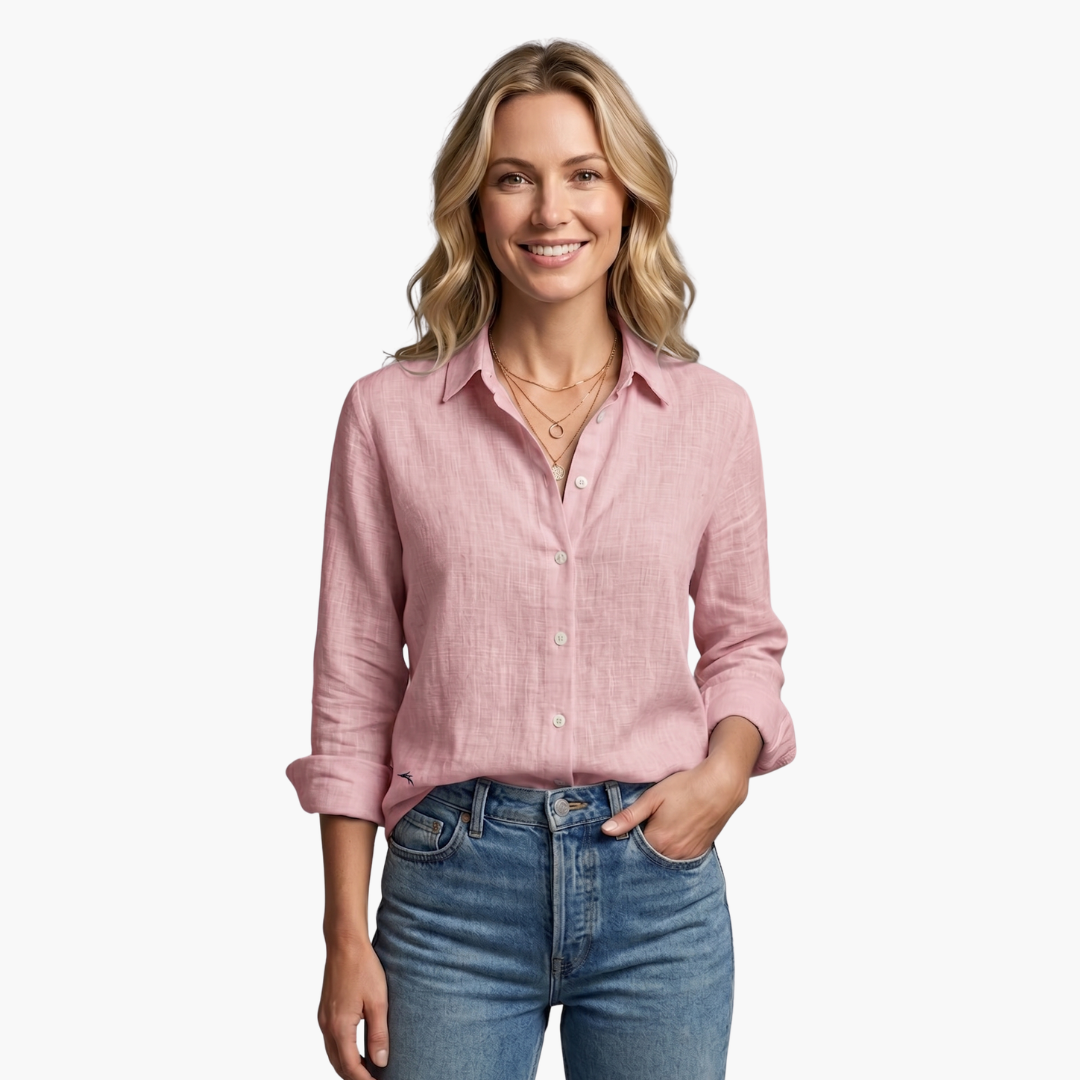 Unique scallop collar women's shirt. Relaxed fit long sleeve blouse, perfect for smart casual outfits.
