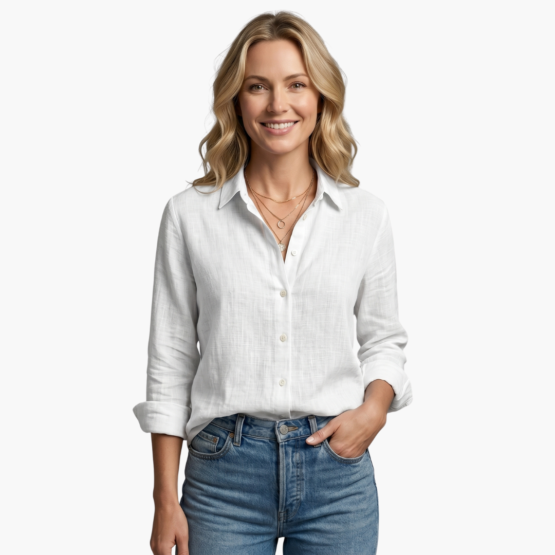Women's relaxed fit scallop collar shirt. Roll-tab sleeves, casual blouse, great for everyday fashion.