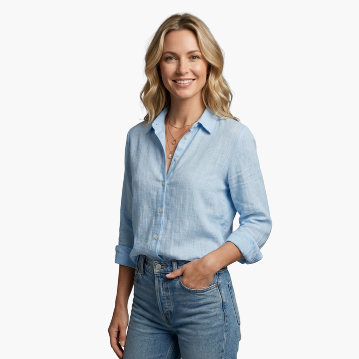 Women's long sleeve shirt with roll-tab sleeves. Button-down top, great for versatile casual outfits.