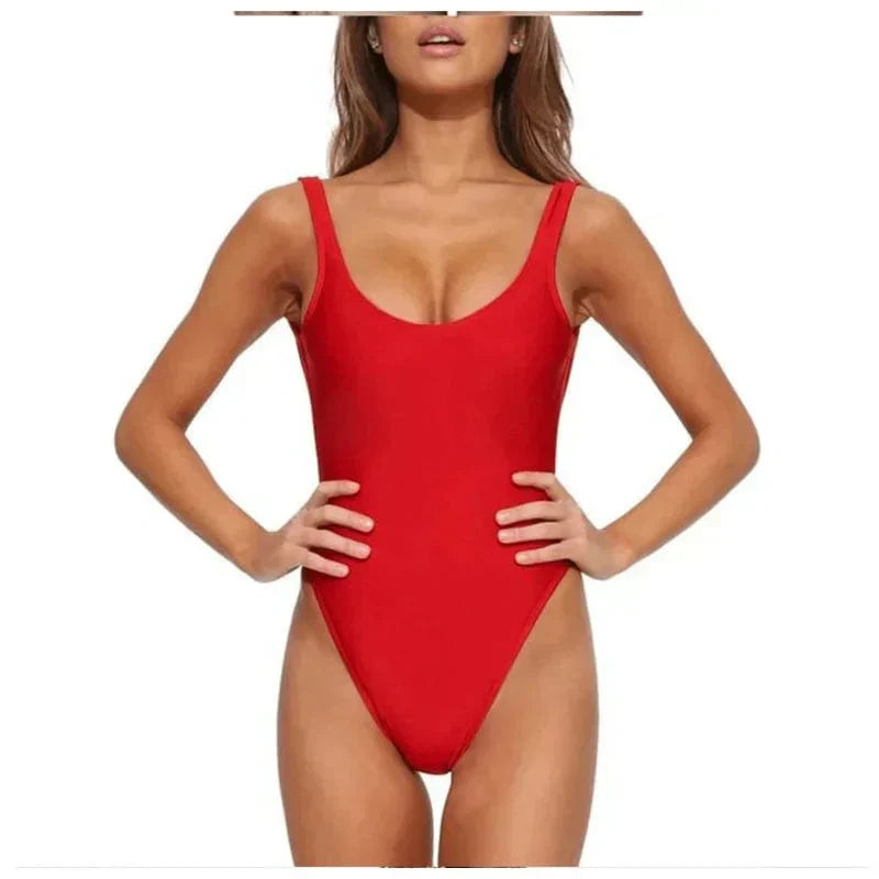 Flattering women's one-piece swimsuit, scoop neck & open back design, essential summer swimwear.