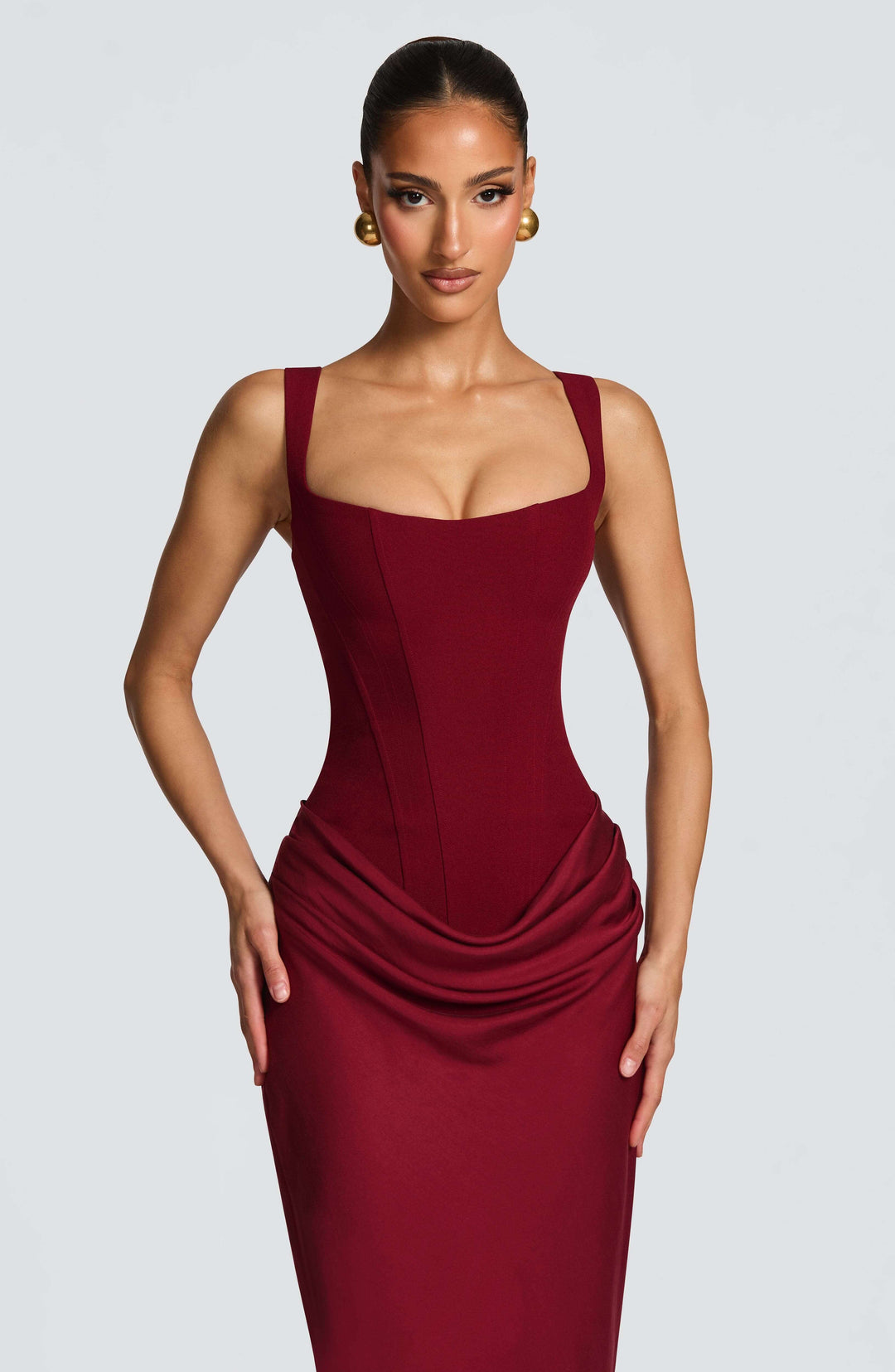 Long women's scoop-neck ruched maxi dress, an elegant bodycon evening gown for formal events.