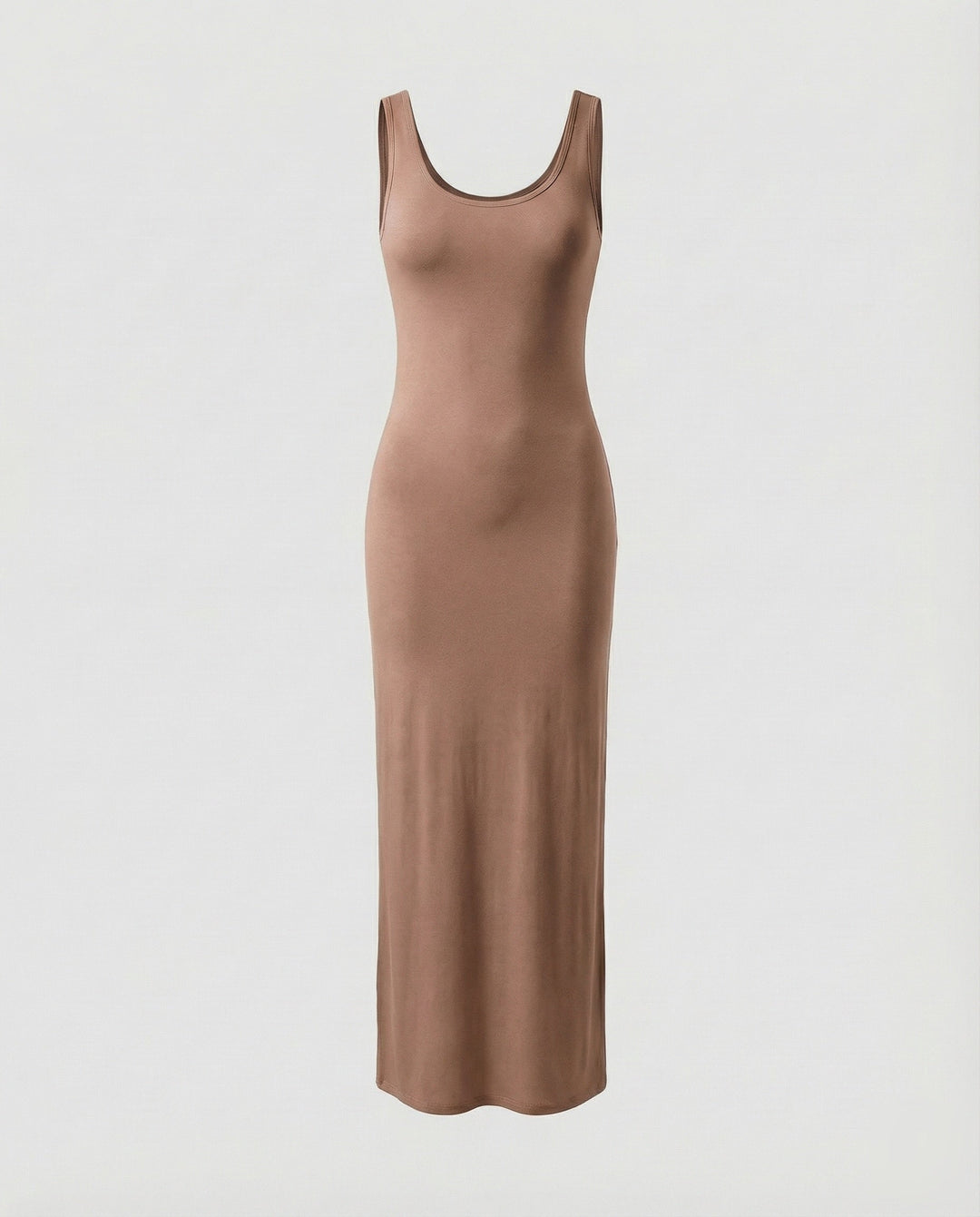 Modern women's scoop neck sleeveless bodycon maxi dress. Combines flattering fit with comfort.