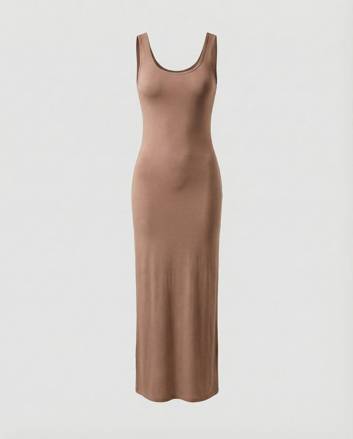 Modern women's scoop neck sleeveless bodycon maxi dress. Combines flattering fit with comfort.