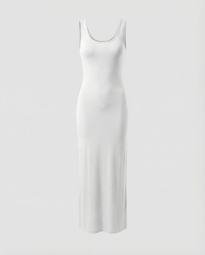 Comfortable women's sleeveless maxi dress with scoop neck. Bodycon fit for casual elegance.