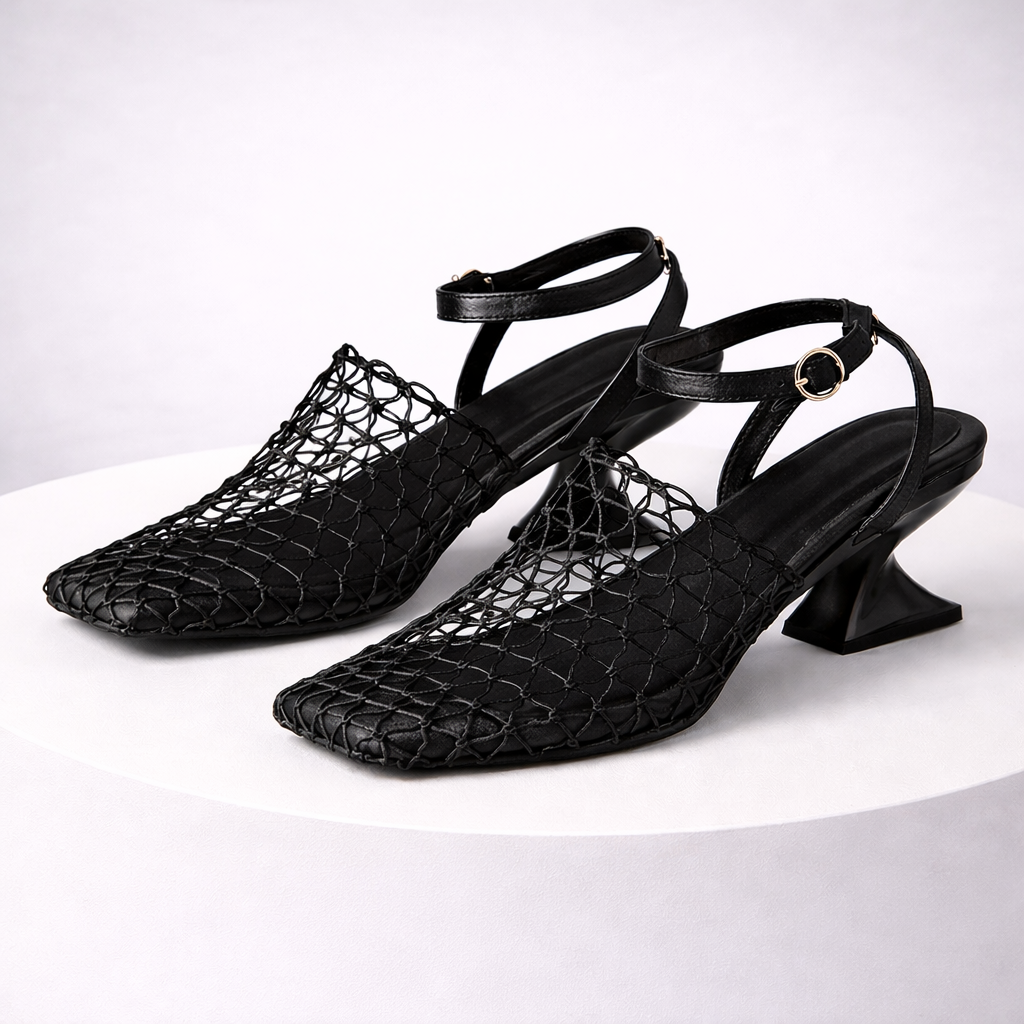Close-up of a unique sculpted heel on women's strappy sandals. Elegant and fashionable party heels.