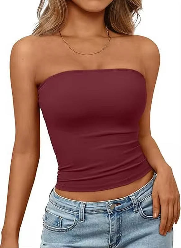 Seamless women's bandeau, stretch fit crop top, perfect for summer casual fashion looks.