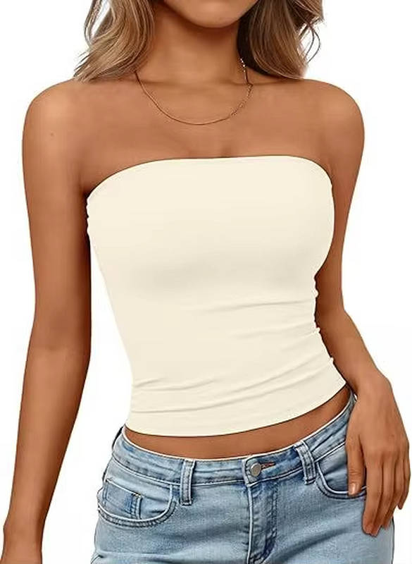 Women's stretch fit seamless crop top, bandeau style, essential for summer casual outfits.