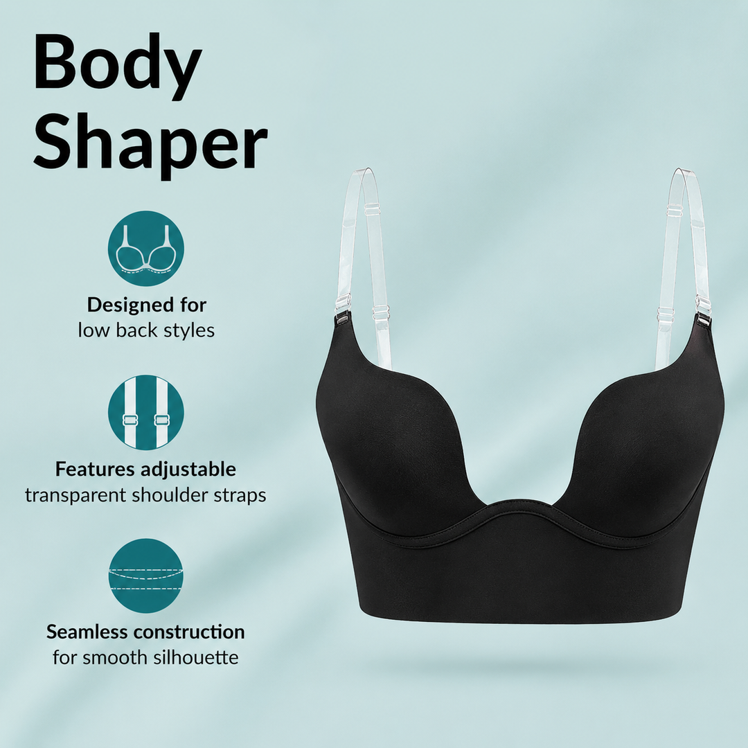 Comfortable women's seamless bra designed with a low back for invisible support under special occasion outfits.
