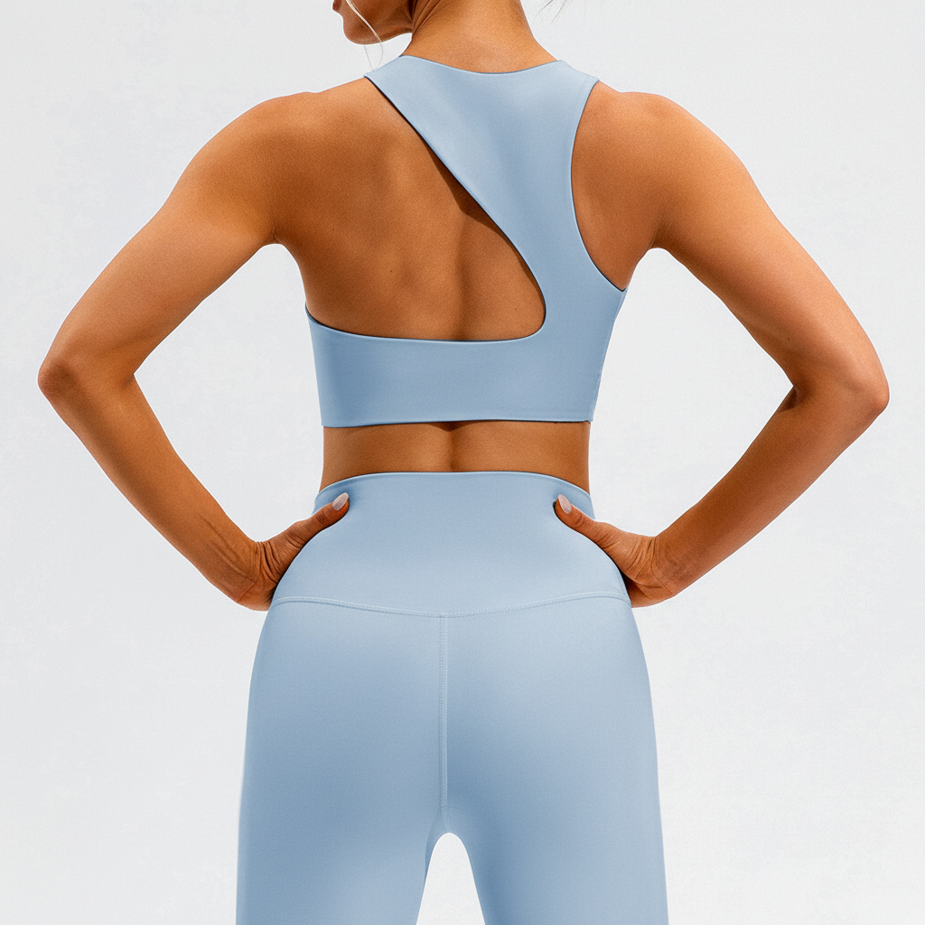 Woman in a dynamic pose wearing a seamless activewear set: performance top & high-waist leggings for yoga.